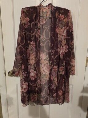 ​Vintage Jeffrey & Dara Sheer Floral Duster Cardigan 12 L/XL Burgundy Whimsigoth